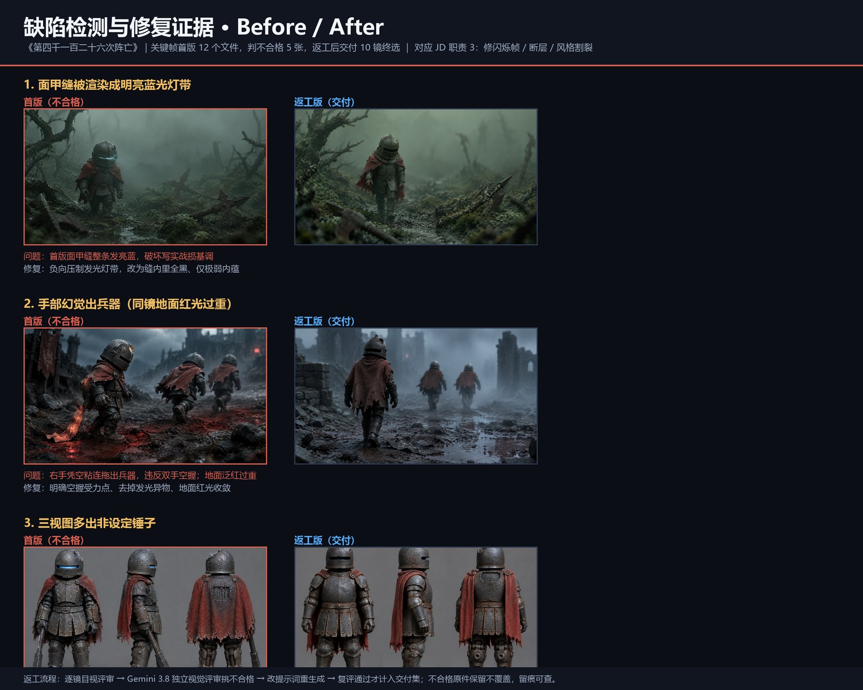 三组缺陷修复前后对比：面甲灯带、手部兵器幻觉、三视图多余道具