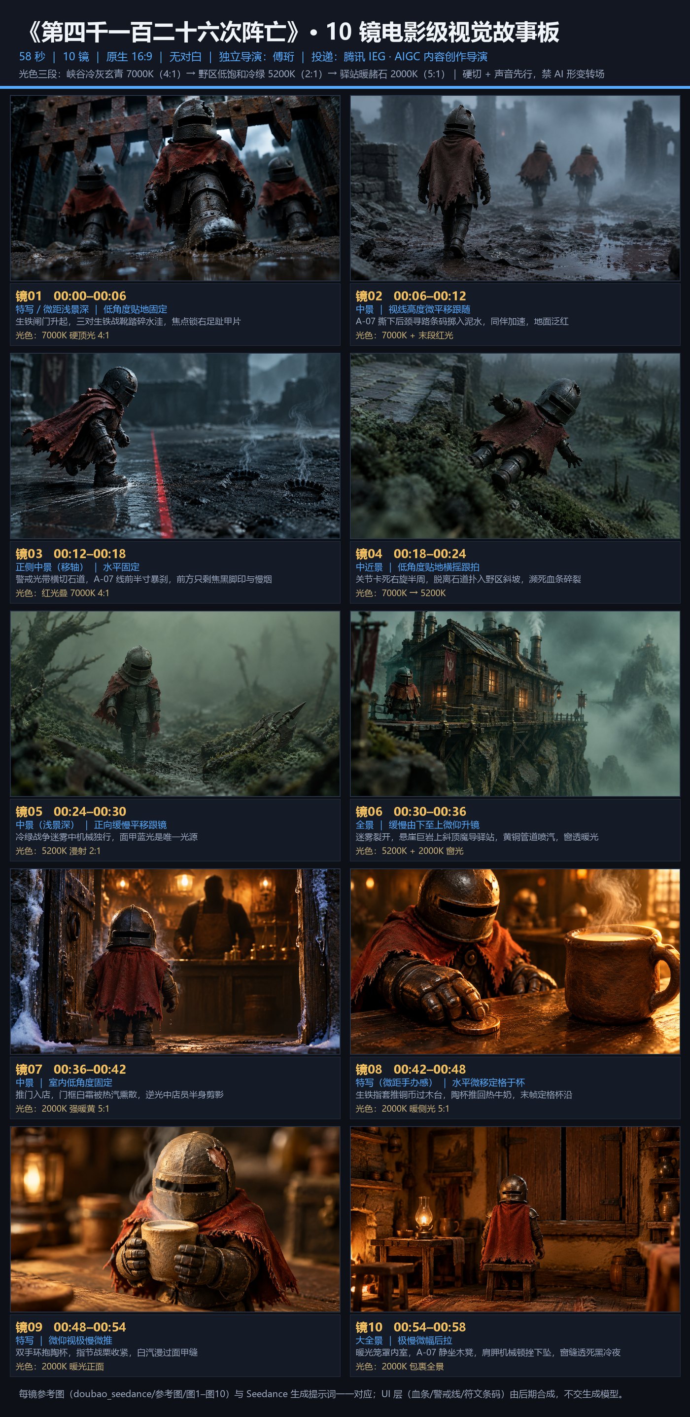 十镜故事板长图，标注景别、时长与画面要点